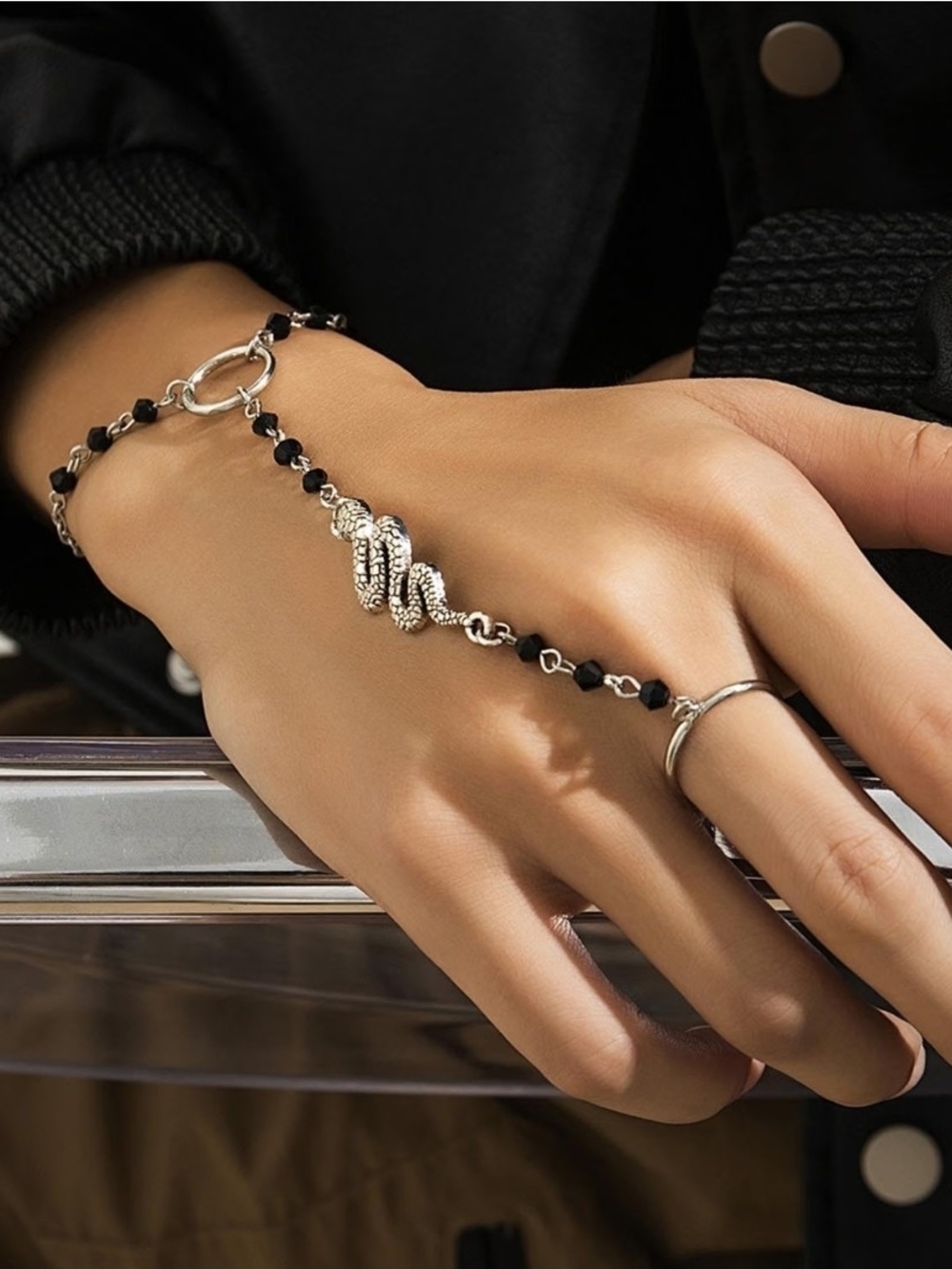Silver Snake Hand Chain with Black Beads - Picture 2 of 3
